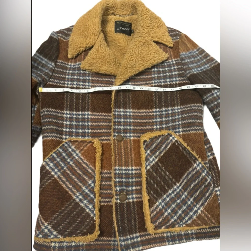 Authentic 70s Vintage JCPenney Plaid Wool Sherpa Lined Coat Jacket Brown (M) - Picture 4 of 6